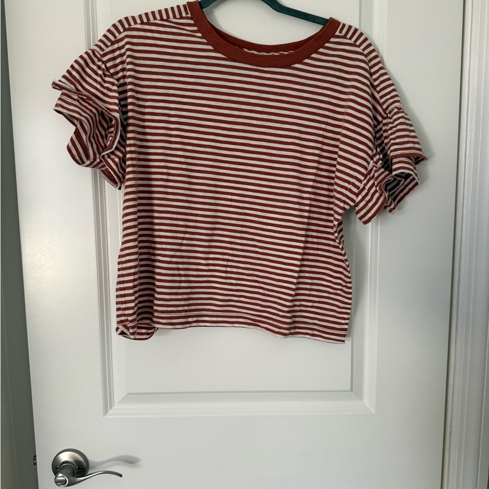 Madewell Brown and White Striped Ruffle Sleeve Tee